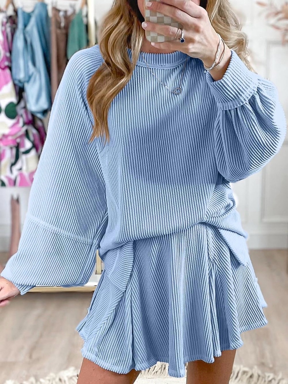 Light Blue Pleated Two-Piece Set